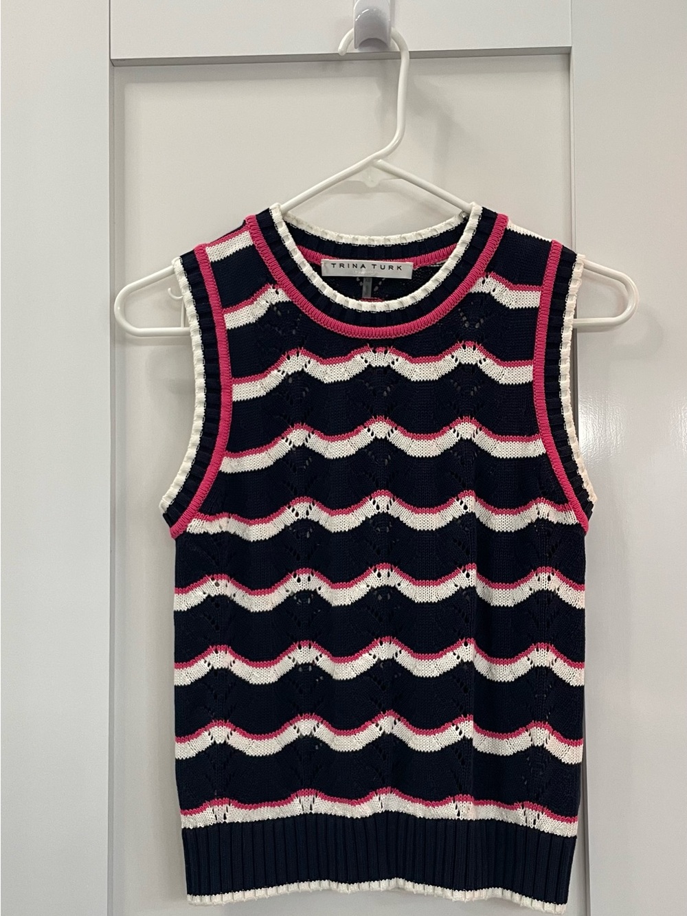 Trina Turk Navy Knit Sleeveless Top with White & Pink Wave Stripes